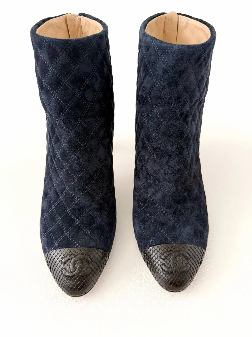 CHANEL | Quilted Suede CC Python Cap Toe Camellia Navy Black Booties EU 37.5